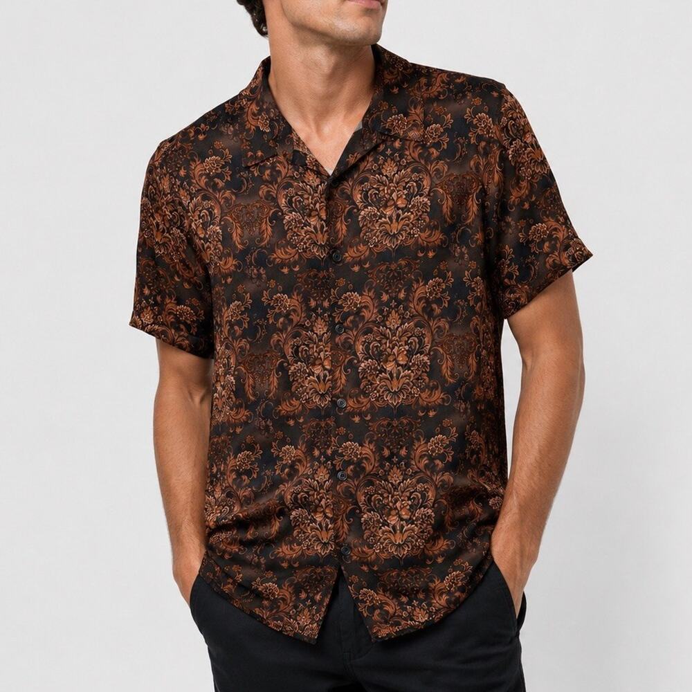 GUESS Los Angeles Mens Medium Baroque Floral Shirt Brown Black Short Sleeve M